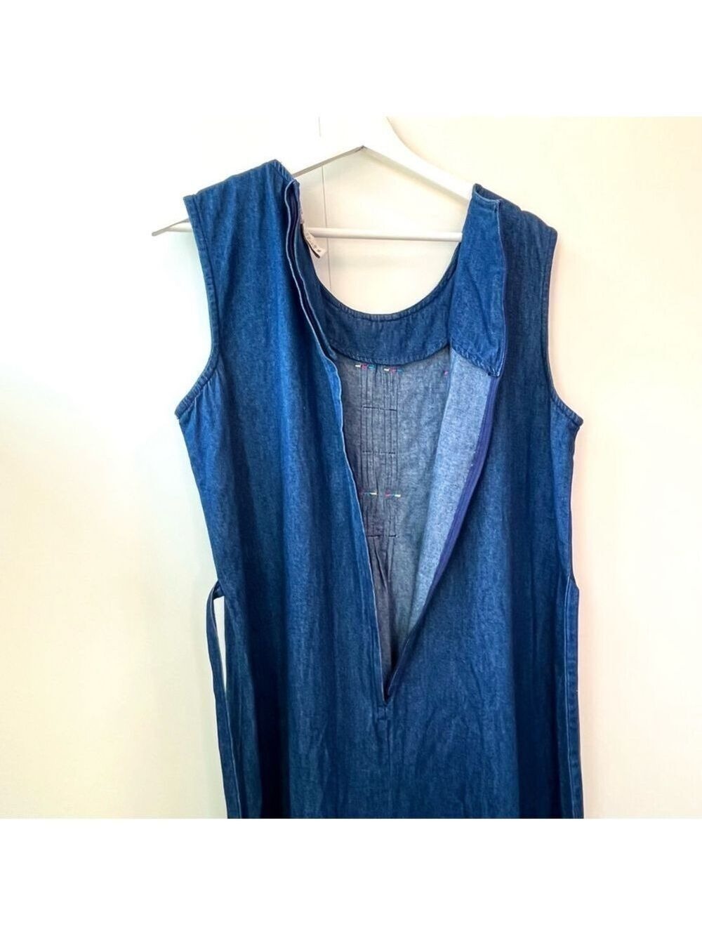 Vintage Denim Maxi Dress 100% Cotton Pintuck Embroidered Boho Cottagecore 14 - Picture 9 of 13